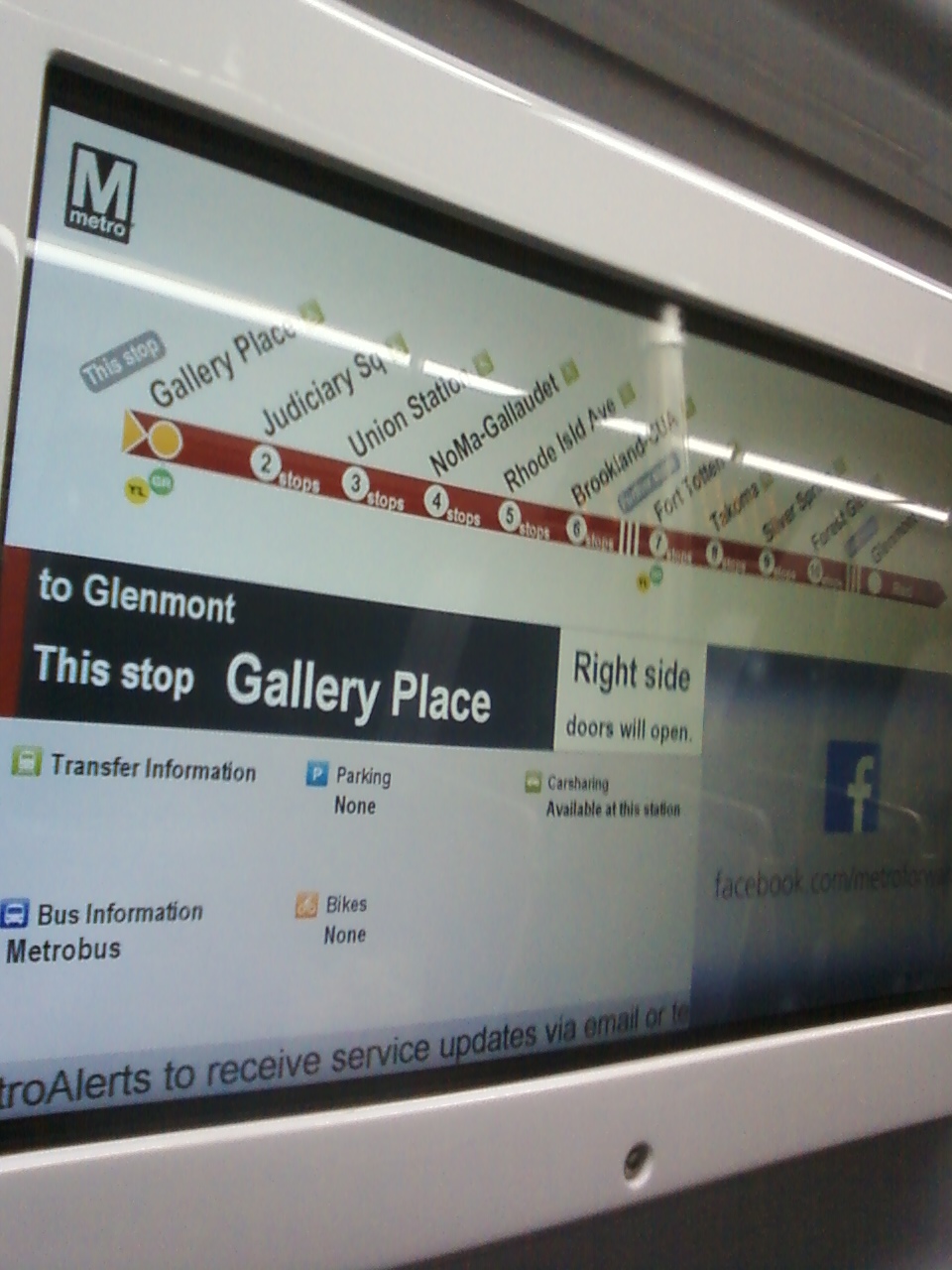 Route map LCT display in the interior of a Red Line WMATA 7000 series
car. While a nice amenity, they are hard to see from anywhere but right
near the map, and do little to alleviate the other areas in which
passenger comfort has been significantly diminished, such as noisier rides
(likely due in part to a lack of carpeting and extensive padding on the
seats and ceilings), lack of proper door screens and interior partitions,
and poor, dim, industrial-looking lighting. For further details, please
visit www.wirelessnotes.org.